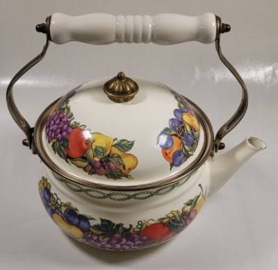 Vintage Lincoware Enamel Tea Kettle CORNUCOPIA Fruit Farmhouse Kitchen