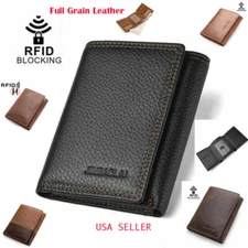 Full Grain Leather Slim S7 Men Trifold Men's Wallet ID Window RFID Blocking