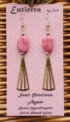 Eutierra Semi-Precious Pink Agate Earrings Hand Crafted In USA Brass 3 1/4''