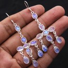 925 Sterling Silver Natural Oval Rainbow Moonstone Gemstone Dangle Earrings 2.8"