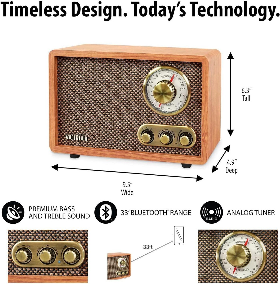 Victrola Retro Bluetooth AM FM Radio Vintage Wood Design Crispy