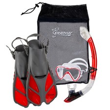 Seavenger Adults Kids Dry Top Snorkel Mask Fins Bag Travel Set Beach Lake Red