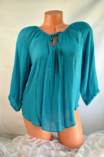 IZ BYER (S) Blouse Linen Look Crochet Back Tie Front Neck Smocked CERULEAN BLUE - Picture 2 of 10