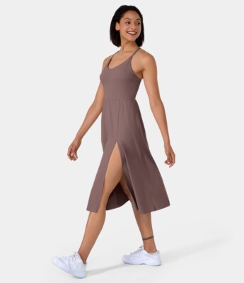 Halara Everyday Midi Chill Dress-La Land Deep Tea Brown Stretch M | eBay