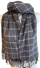 H & M Gray Pink Plaid Scarf Blanket Wrap Fringe 24" x 72"
