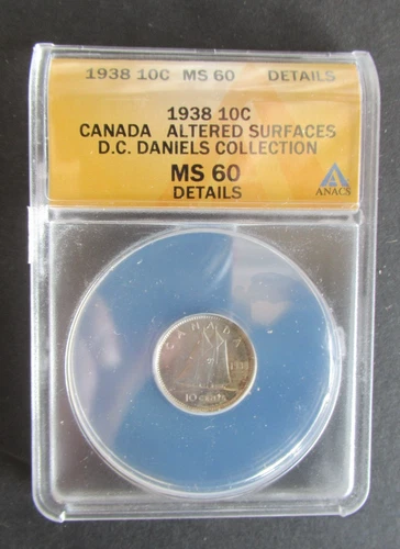 1938 SILVER 10 CENTS ANACS GRADED MS60 CANADIAN DIME