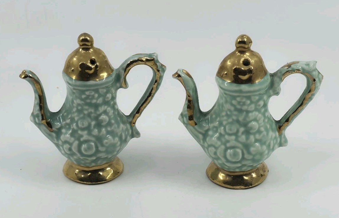 Vintage Teapot Salt Pepper Shakers Seafoam Green Gold Luster Floral Brocade 3