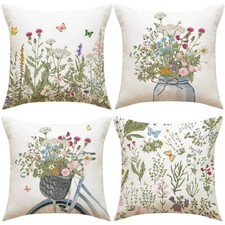 Spring Pillow Covers 18x18 Inch Set of 4 Green Plant Flower Throw Pillows