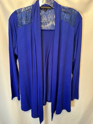 Always Indigo Size Large Open Front Cardigan Blue Sweater Lace Back Detail