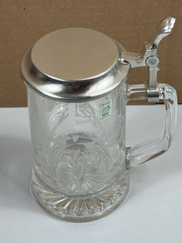 Geätztes Glas Bier Stein ALWE 95% Zinn Deckel 6" Skifahrer Skihütte Bäume Berge - Bild 10 von 12