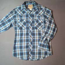 Wrangler Mens M Blue Plaid Pearl Snap Front Pockets Shirt Western Cowboy Rodeo