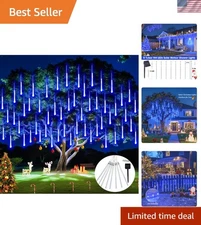 Waterproof Solar Christmas Lights - Blue 8 Tube Meteor Shower, Remote Controlled