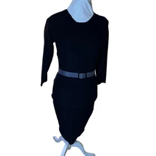 Black quiet luxury Dress Ribbed Knit Sheath 3/4 Sleeve Belted Bodycon Medium