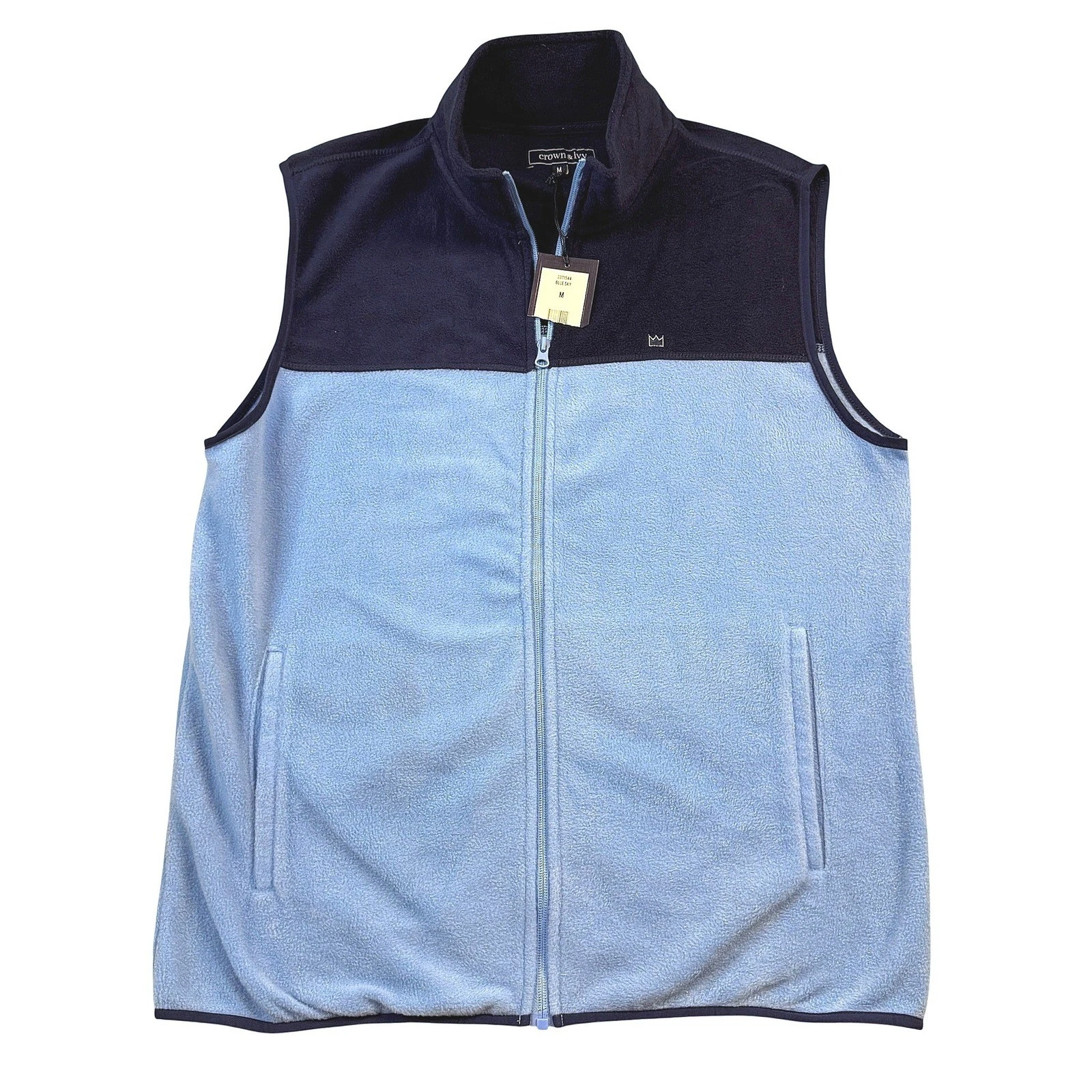 NWT Crown & Ivy Mens Fleece Vest Blue Sky Two Tone Full Zip Mock Neck Medium