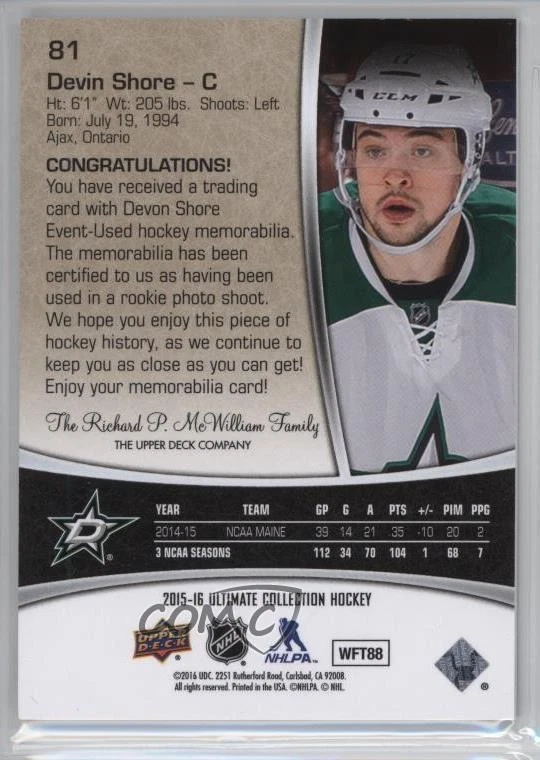 2015-16 Ultimate Collection Rookies Silver Jersey /149 Devin Shore #81 Rookie RC - Image 2 of 2