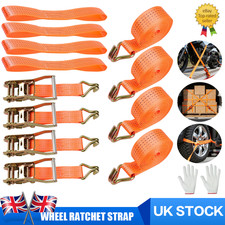 4 PACK HEAVY DUTY RATCHET RECOVERY STRAPS CAR TRAILER TIE DOWN ALLOY WHEEL BELT