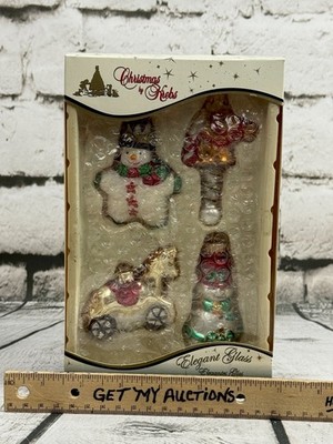 (4) Elegant Blown Art Glass Toy Horse, Snowman Ornaments Set Christmas by Krebs