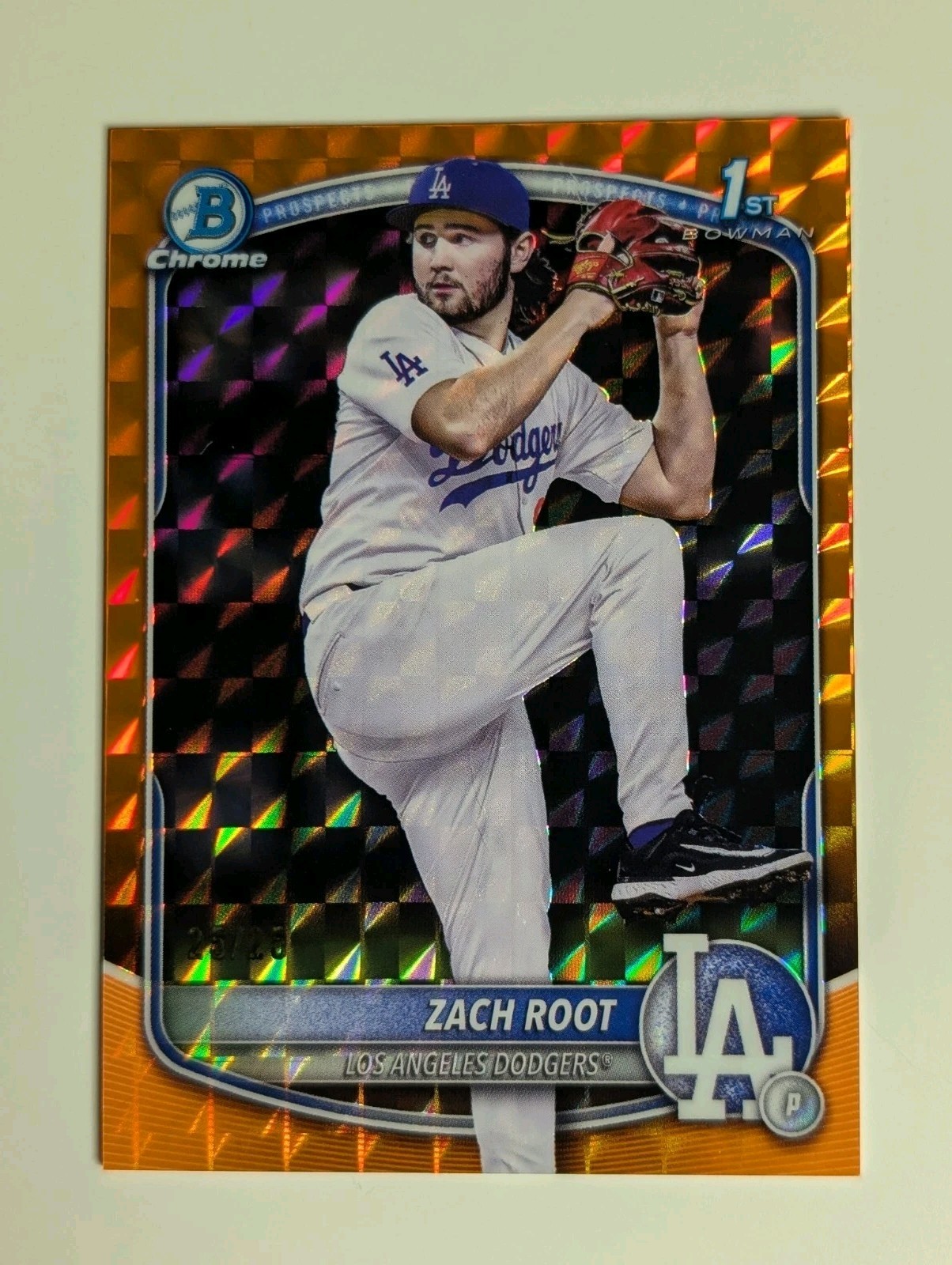 Zach Root 2025 Bowman Draft Chrome 1st Orange Geometric Refractor /25 Dodgers