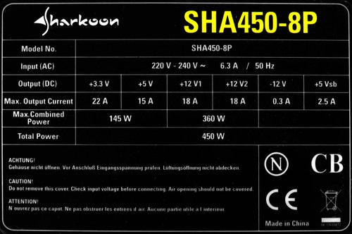Alimentation SHARKOON SHA450-8P 450W ATX 20+4-PIN MOLEX SATA PCI-E - Photo 3/3