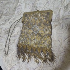 Art Deco Beaded Evening Bag Gold Silver Gray Fringe Chain Formal Purse