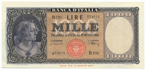 1000 LIRE ITALIA ORNATA DI PERLE MEDUSA 10.02.1948 SUP - Bild 1 von 6