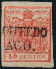 LOMBARDIA-WENECJA 1850 15C, HP, Typ III. NADRUK KRAWĘDZI! Wz! CASTELGOFFREDO Mü:15P!