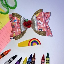 Back to School 4.5" Hair Bow Clips with Clay for Girls. Handmade NEW