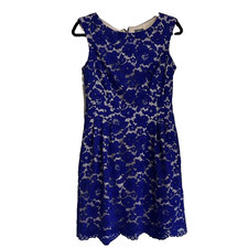 Vince Camuto Royal Blue Lace Fit & Flare Dress Size 8 Sleeveless Floral Overlay