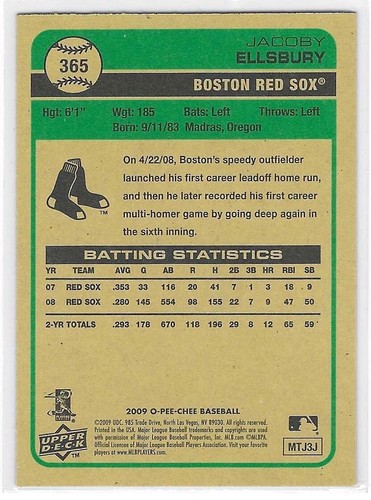 Tarjeta negra Jacoby Ellsbury 2009 O-Pee-Chee # 365 - Imagen 4 de 4