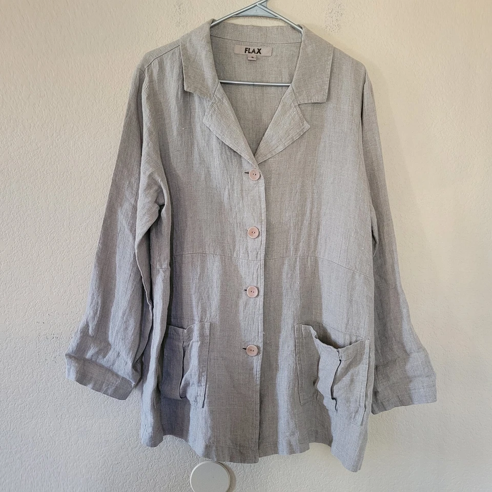 FLAX Womens 100% Linen Button Blazer Jacket Shirt Size Small Pockets Lagenlook - Image 2 of 4