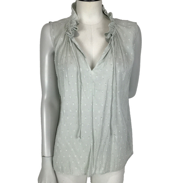 H&M Blouse Sage Green Size 12 Sleeveless Dobby Dot Tie Neck Lightweight