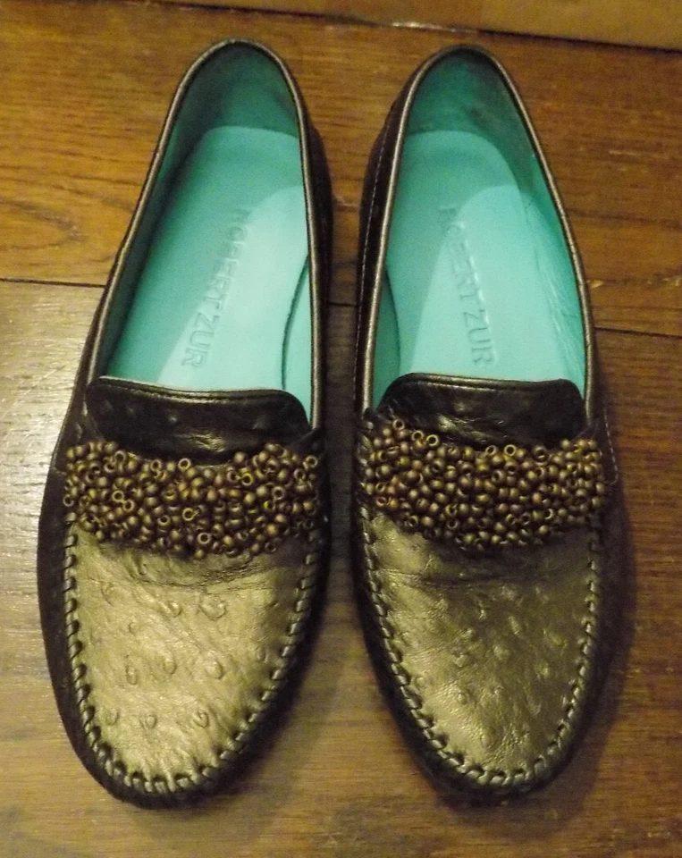 Мокасины ROBERT ZUR вышитые бисером бронзовые страусиная кожа размер 6,5 M стильные - Изображение 2 из 4