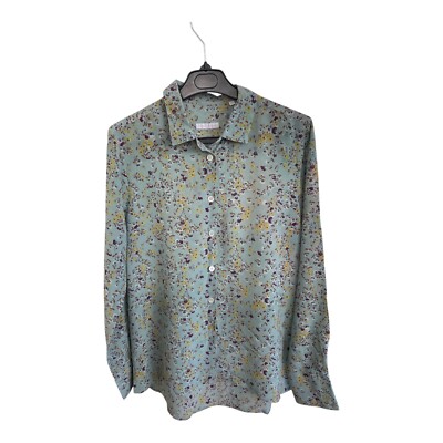 Robert Friedman 100% Silk Shirt Blue Yellow Brown Floral