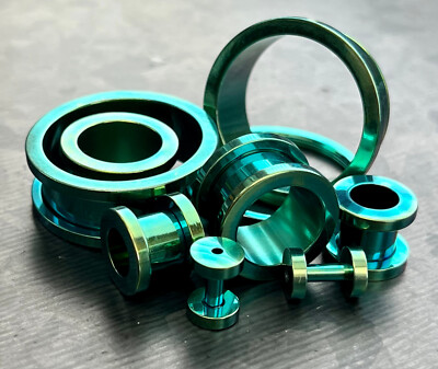 PAIR Green Screw Fit Tunnels Ion Plated Steel Ear Plugs Earlets Guages Gauges