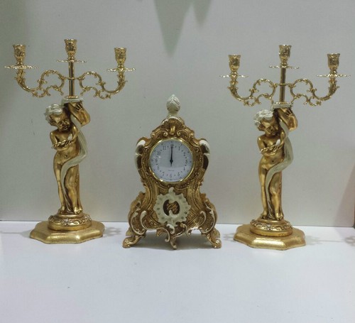 TRIS OROLOGIO E CANDELABRI CON ANGELI 3 FIAMME CERAMICA LEGNO METALLO  AVORIO ORO | eBay
