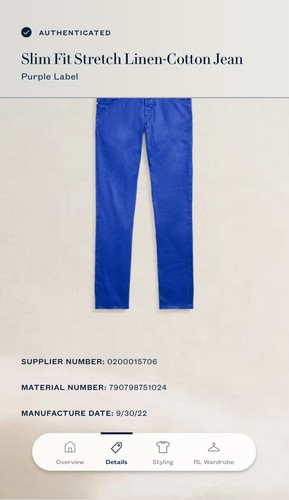 Ralph Lauren Purple Label Slim Fit Stretch Linen-Cotton Jean Blue 34x36 $695 RRP - Picture 17 of 17