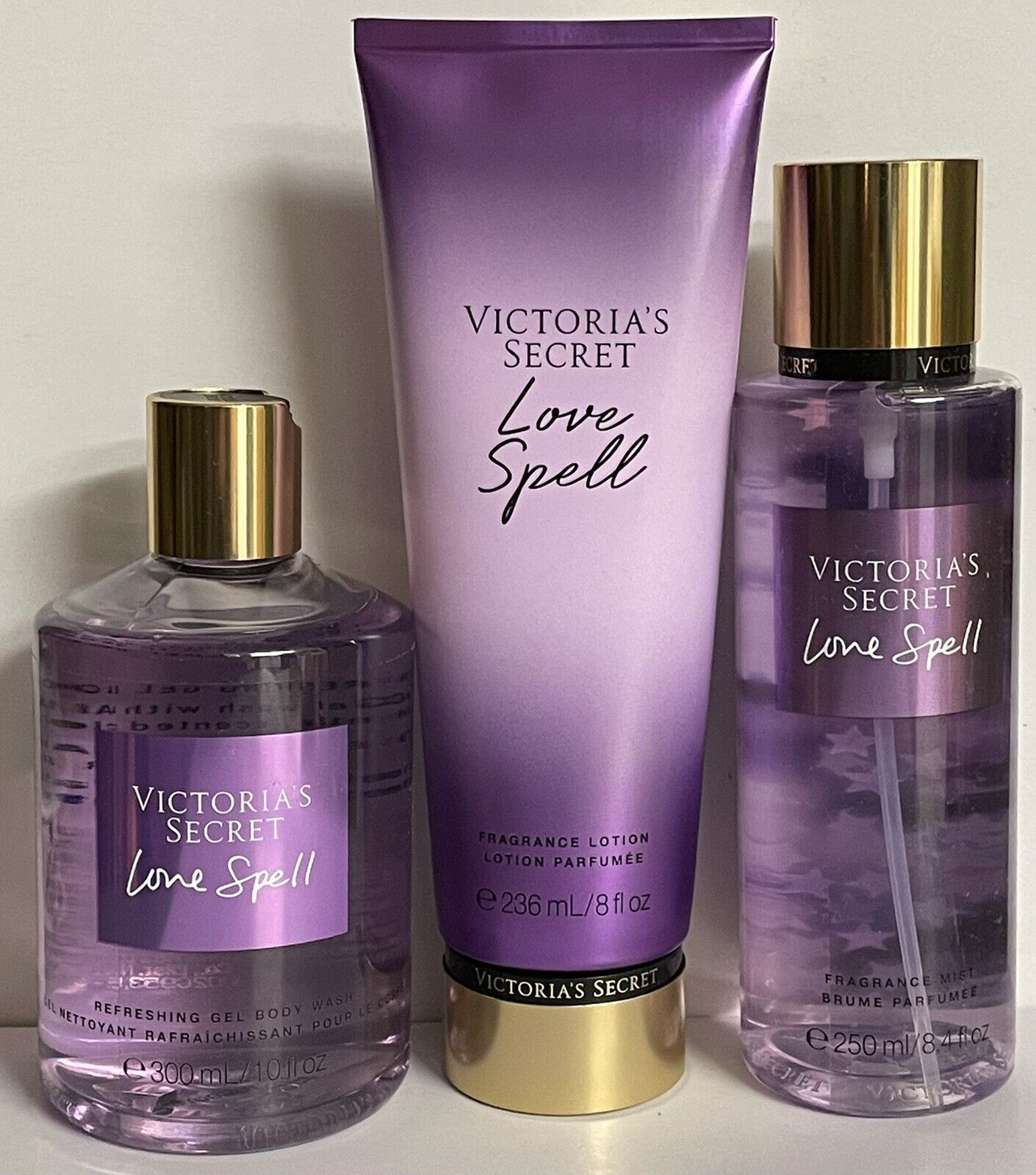 Victoria's Secret LOVE SPELL Fragrance Body Mist Lotion amp; Shower Gel  3pc Set New eBay