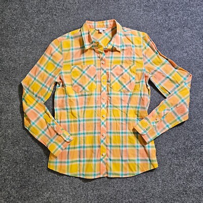 LL Bean Top Womens Size 10 Yellow Green Plaid Button Long Sleeve Fall Casual