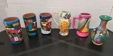 LOT Of 6:Colorful Mexican South American Hand Painted Clay Art Vase Mug DECOR