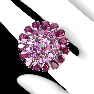 Valentine 925 Silver Ring Pear Rhodolite Emerald Natural Gemstone Jewelry Size 8