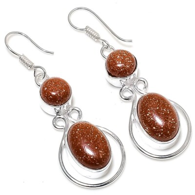 Red Goldstone Gemstone Handmade 925 Sterling Silver Jewelry Earring Sz 1.8''