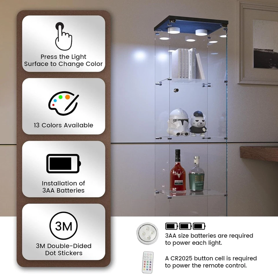 Vitrina de cristal con luz, 4 estantes, gabinetes LED de curiosidades para salón Foto 2 de 4