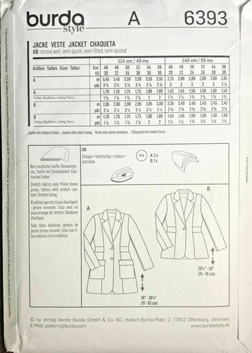 Chaqueta ajustada para mujer Burda 6393 patrón de costura, estilo blazer talla grande 20-30 NUEVA - Imagen 3 de 3