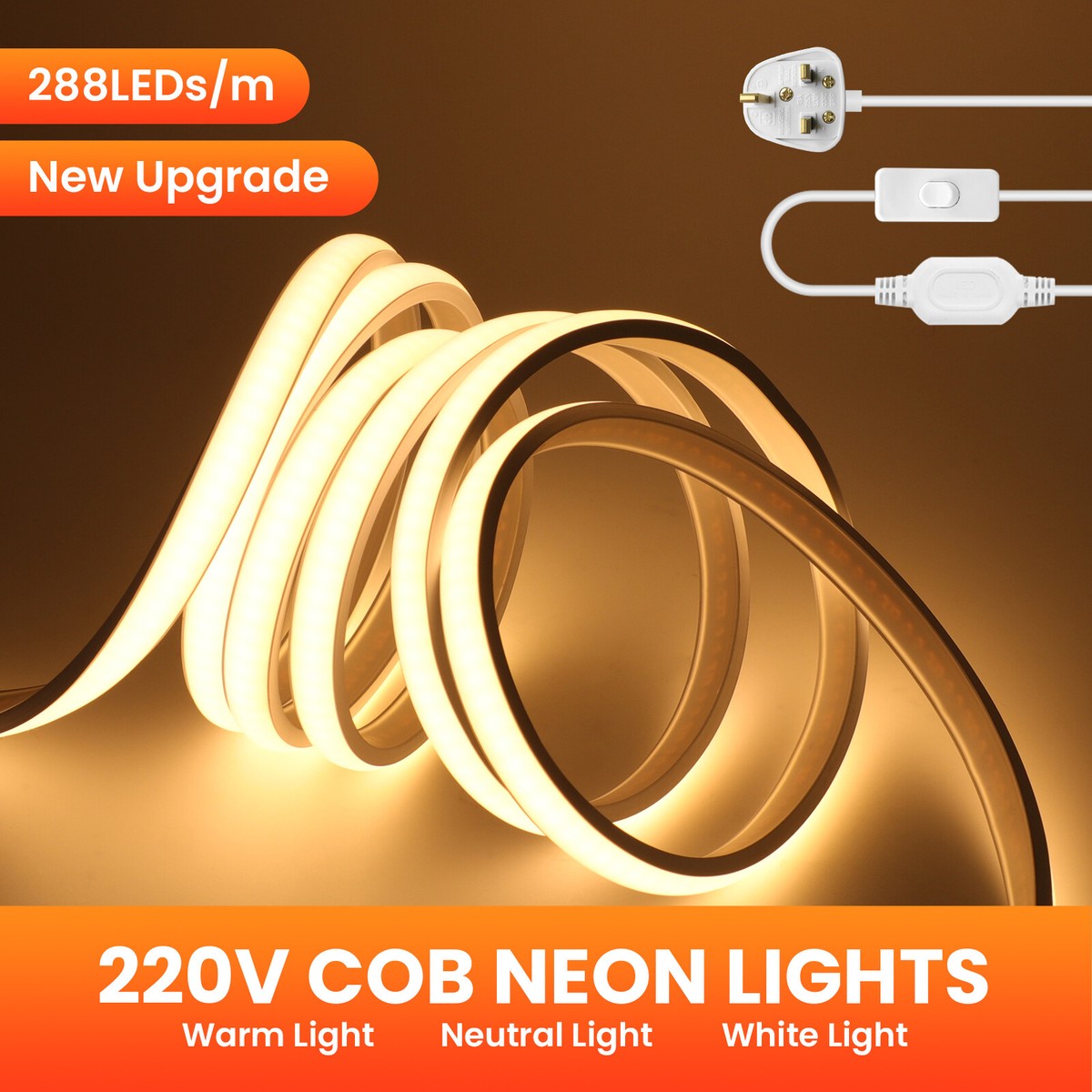 5M COB LED Strip 220V IP67 Waterproof with Switch, 280leds/m Super Luminous Led Strips 220V White 4000K (White, 5