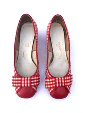 Rare Vintage 1970s Red Leather Pappagallo low heel pumps red gingham bow 5.5B