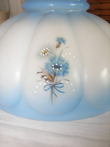 Vintage 10" Milk Glass Hand-Painted Flowers Hurricane Lamp Shade White Blue - Picture 7 of 8