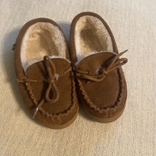 Lam Kids 12 Youth Boy Moccasin Slippers Brown Suede Faux Sherpa Lined Unisex