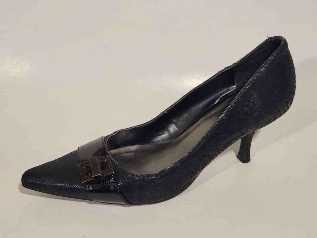 Nine West Womens 8 M Point Toe Kitten Heel Black Faux Leather Pumps Buckle Snake
