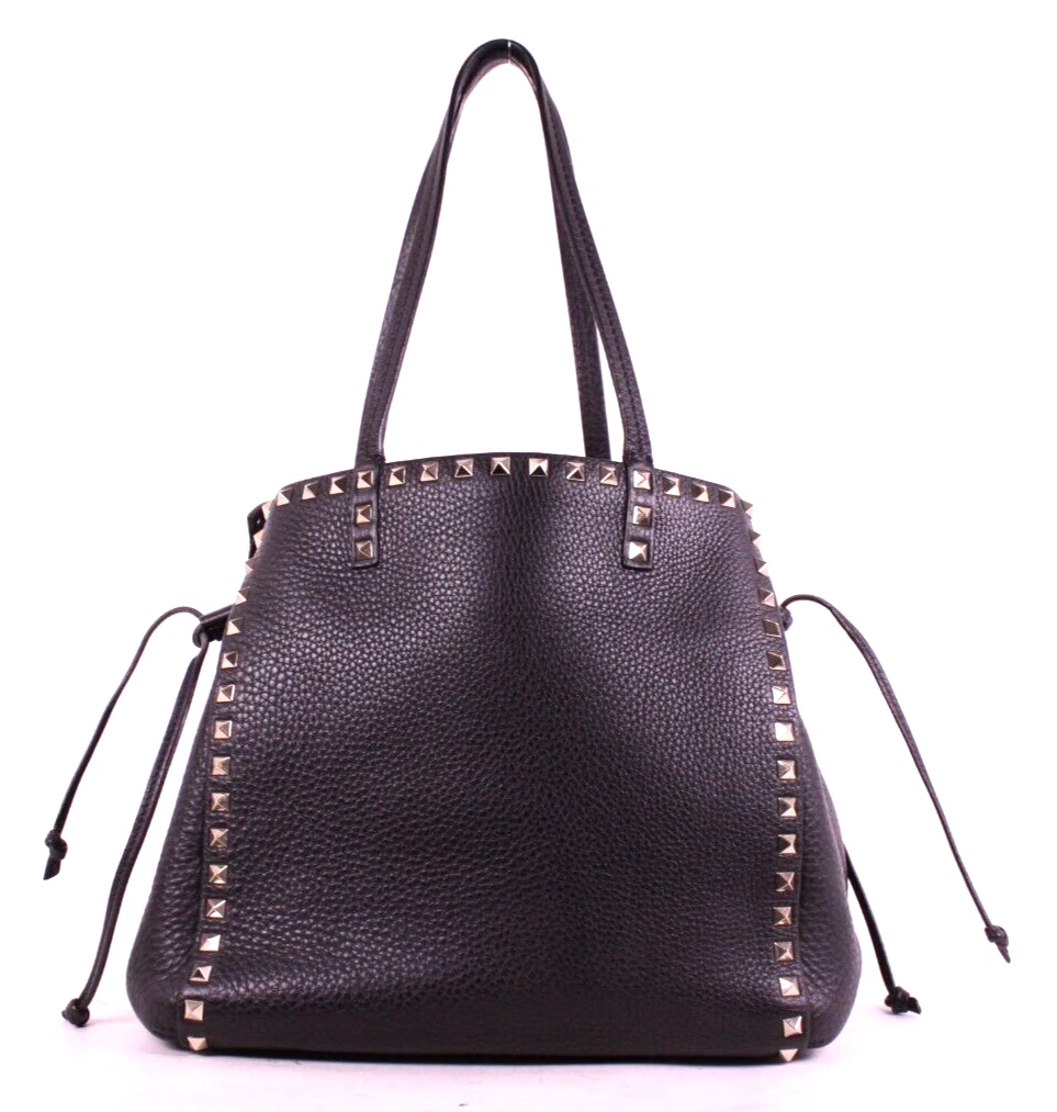 VALENTINO Black Pebbled Leather Dual Side Drawstring ROCKSTUD Tote
