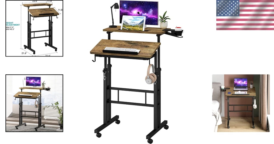 Escritorio de pie ajustable portátil con portavasos - Ideal para oficina en casa Foto 2 de 4
